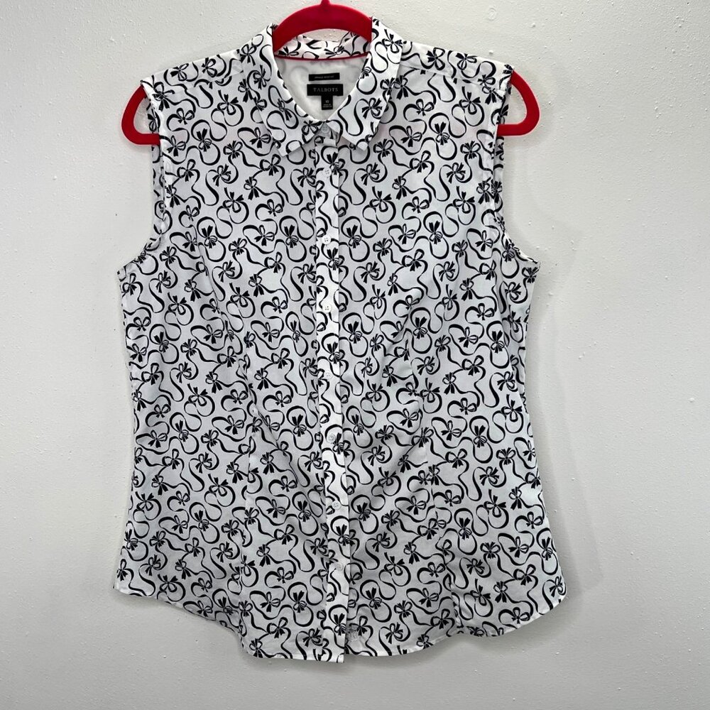 Talbots Wrinkle Resistant Blouse Shirt 10 Navy White Bow Ribbon Print Sleeveless